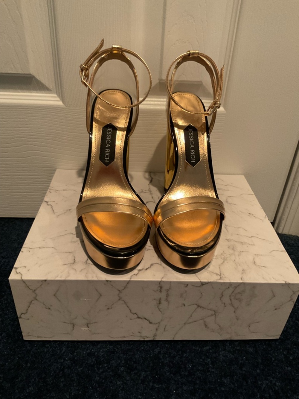 Jessica Rich Metallic Gold Platform Block Hell Ankle-Strap Sandals